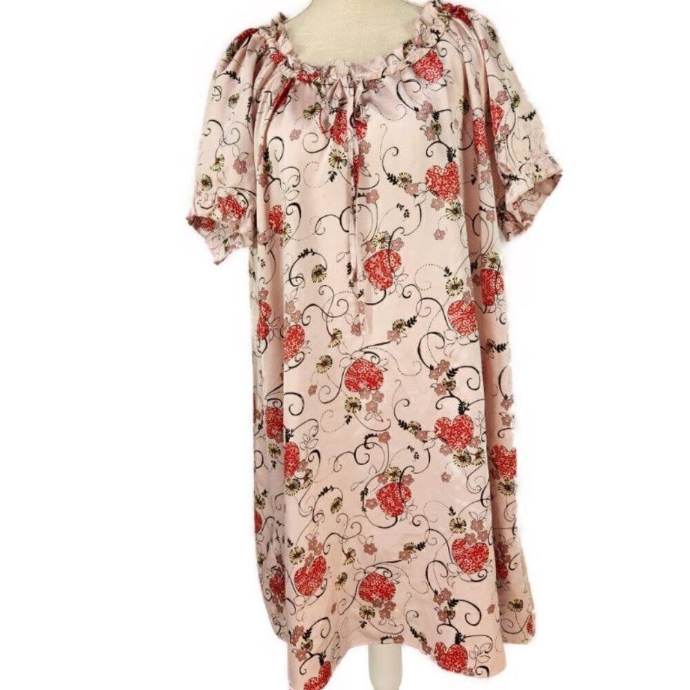 Amoureuse Womens Satin Floral Nightgown Sz M Short Sleeve Pink Hearts Romantic